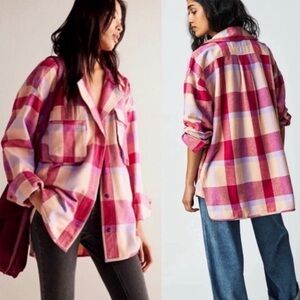 Free People We The Free Izzie Flannel Red Tan Combo Cargo Shirt Women’s Size L